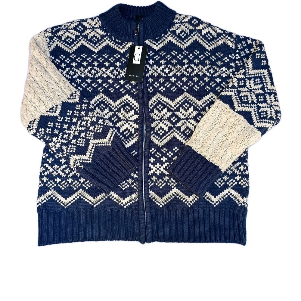 Greige Women L Nordic Fair Isle Sweater Full Zip Blue Off White Mock Neck NWT
